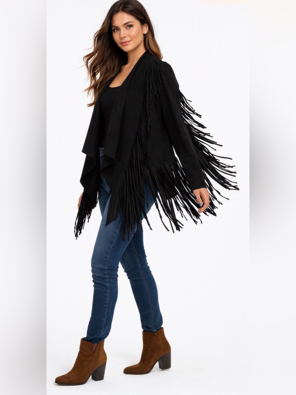 Colleen Lopez Womens Vegan Suede Fringe Cardigan/Jacket in Black Sz M
